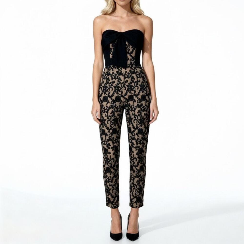 Adelyn Rae Black Strapless Lace-Overlay Jumpsuit with Nude Lining